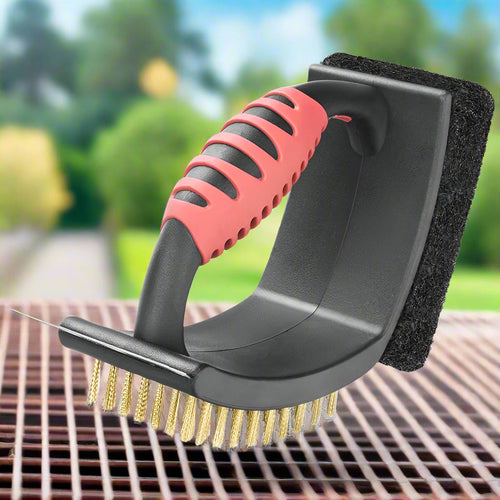 3 In 1 Grill Brush With Brass Bristles And Scraper