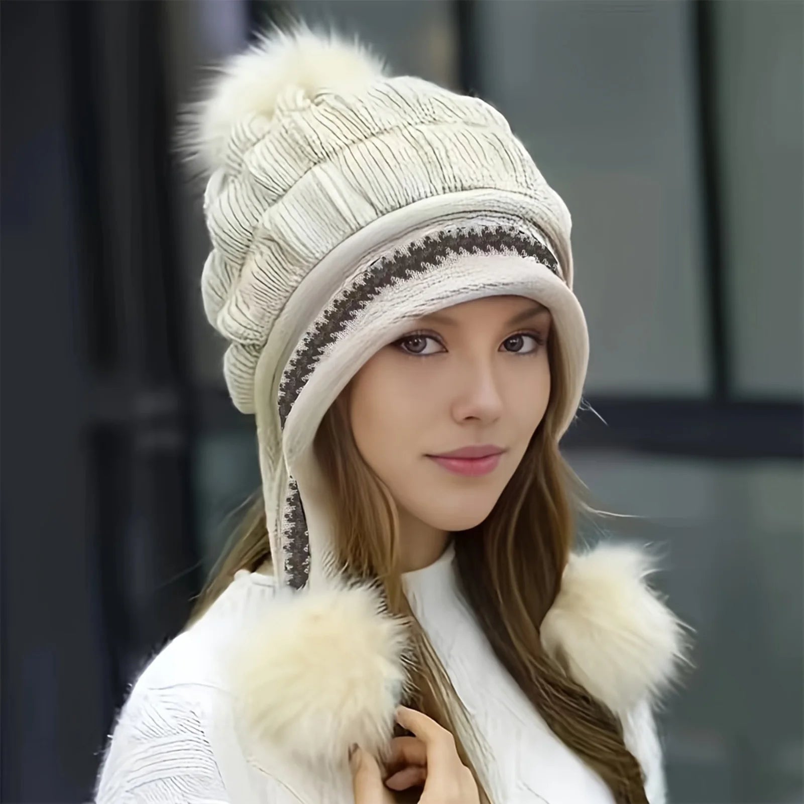 Fleece Lined Winter Hat With Faux Fur Hat Pom Pom