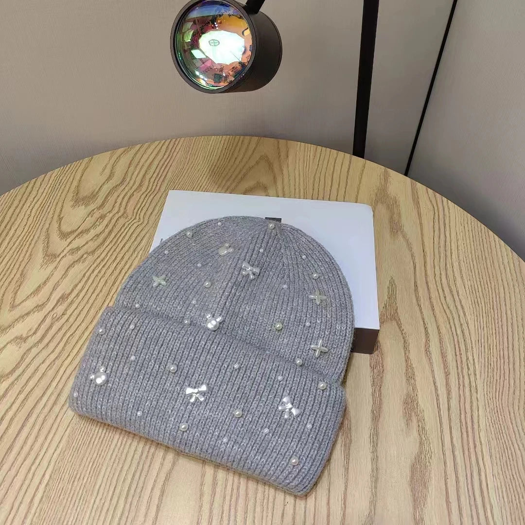 Pearl Accent Knit Beanie Winter Hat