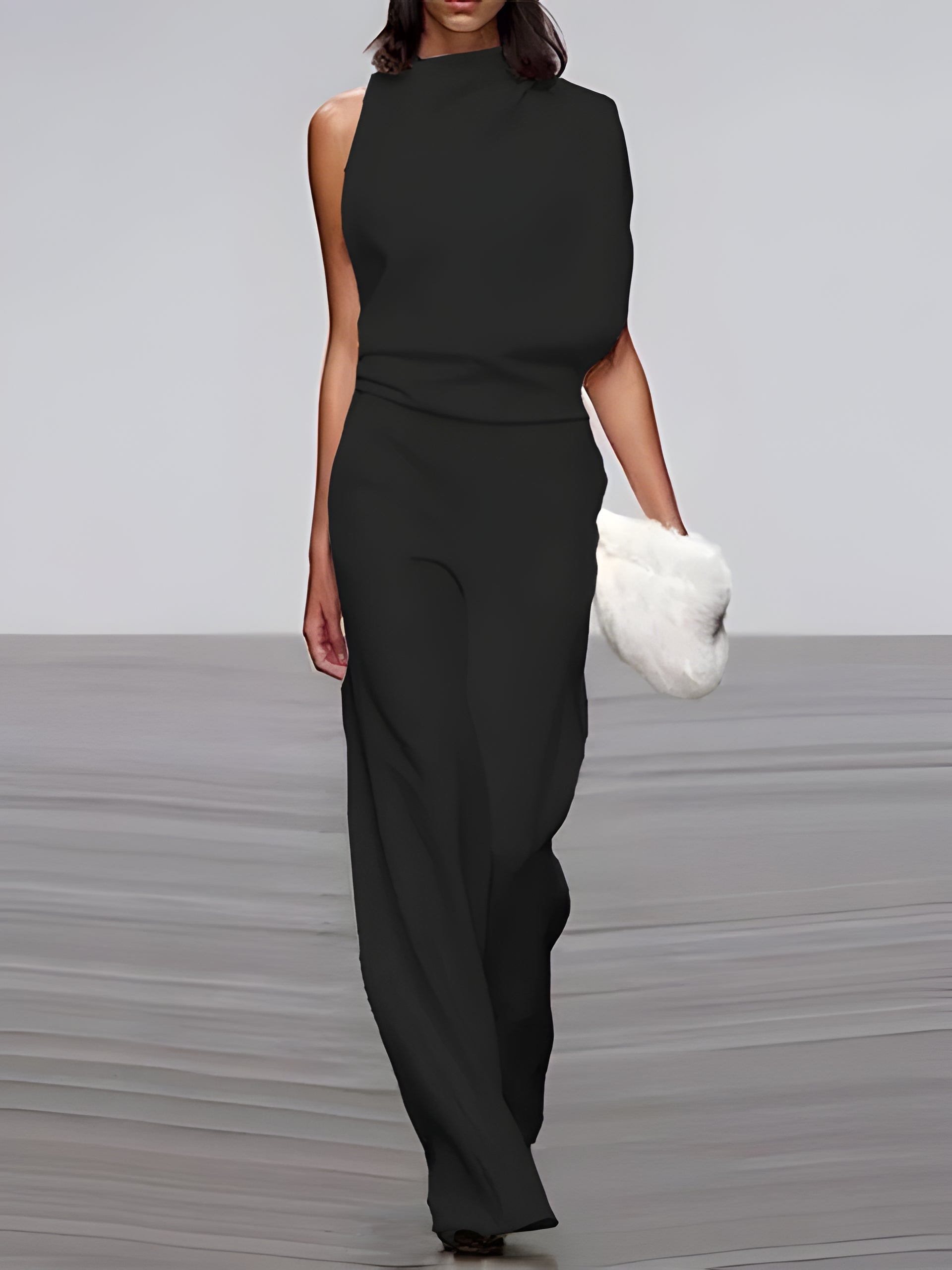 Women's round-neck, sleeveless jumpsuit with flared legs