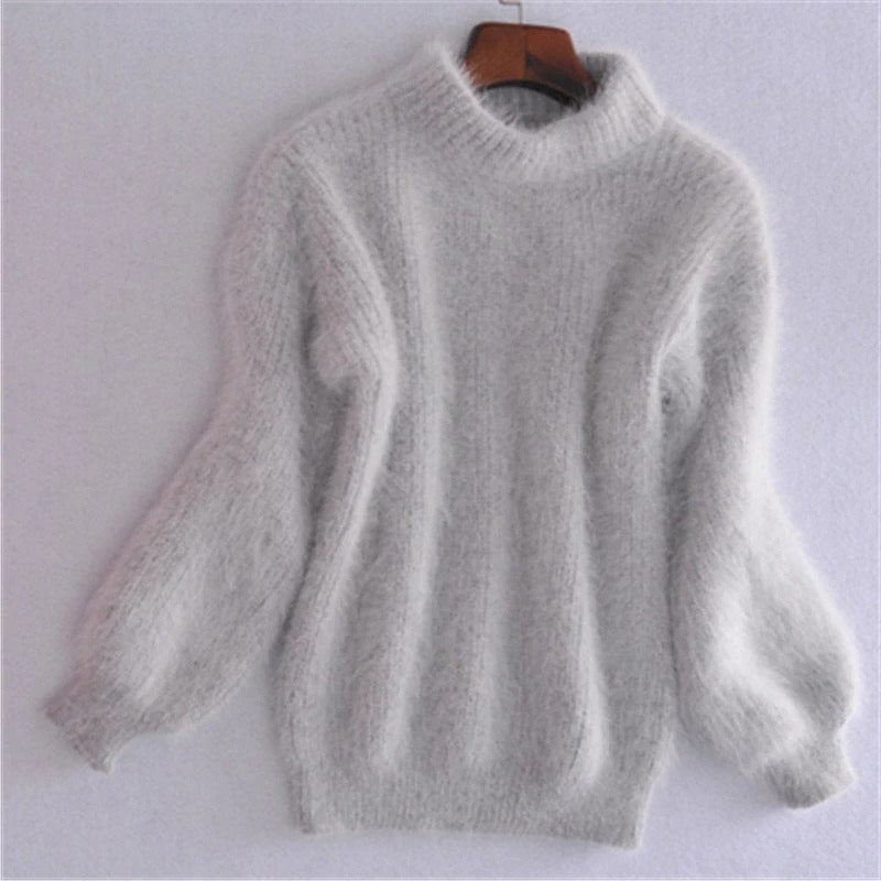 Solid Color Loose Knit Sweater - Vintage Style Angora...