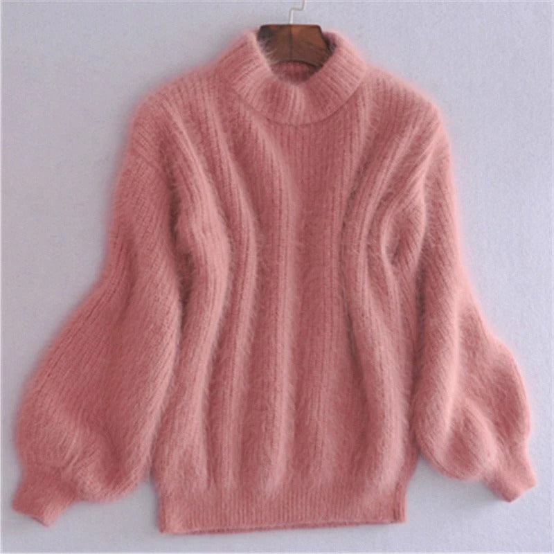 Solid Color Loose Knit Sweater - Vintage Style Angora...