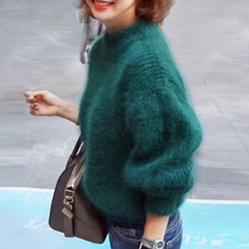 Solid Color Loose Knit Sweater - Vintage Style Angora...