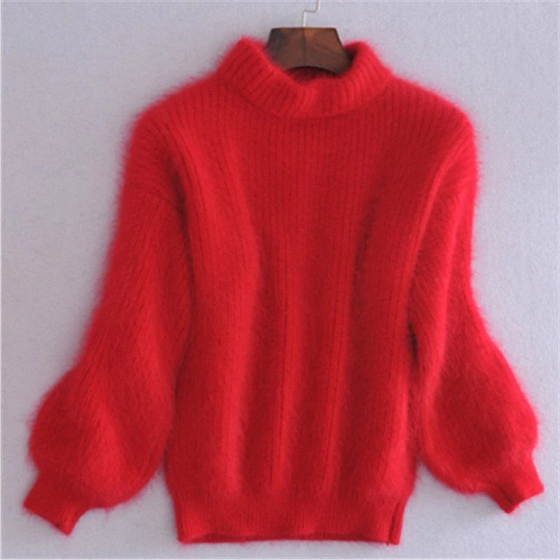 Solid Color Loose Knit Sweater - Vintage Style Angora...