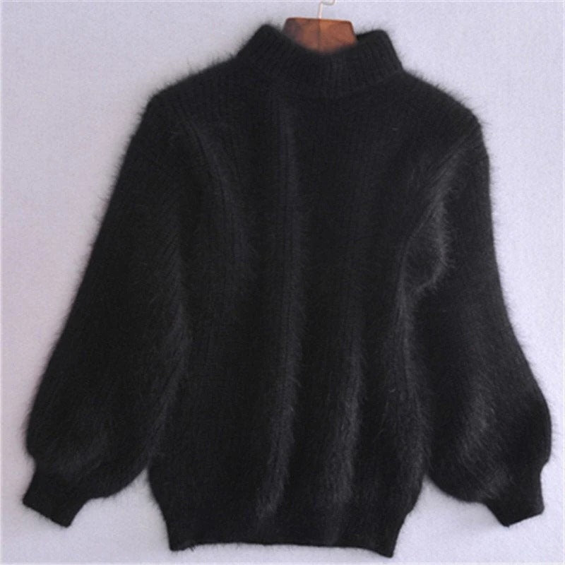 Solid Color Loose Knit Sweater - Vintage Style Angora...