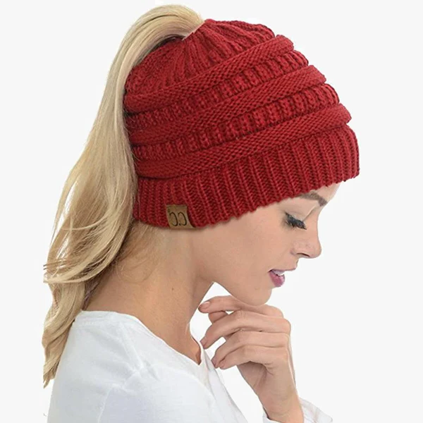 Ponytail Beanie Messy Bun Women's Beanie Solid Ribbed...