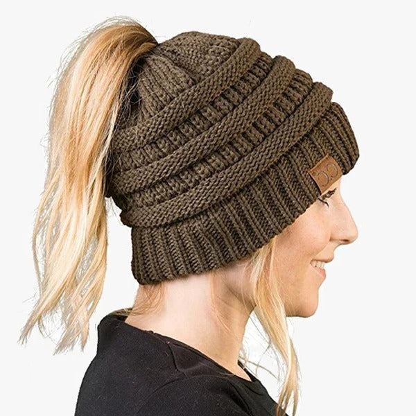 Ponytail Beanie Messy Bun Women's Beanie Solid Ribbed...